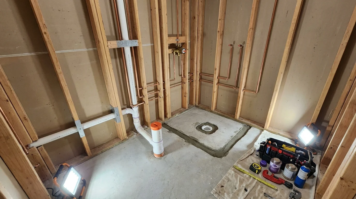 Bathroom rough-in plumbing during remodel by Johns Plumbing LLC in Jesup