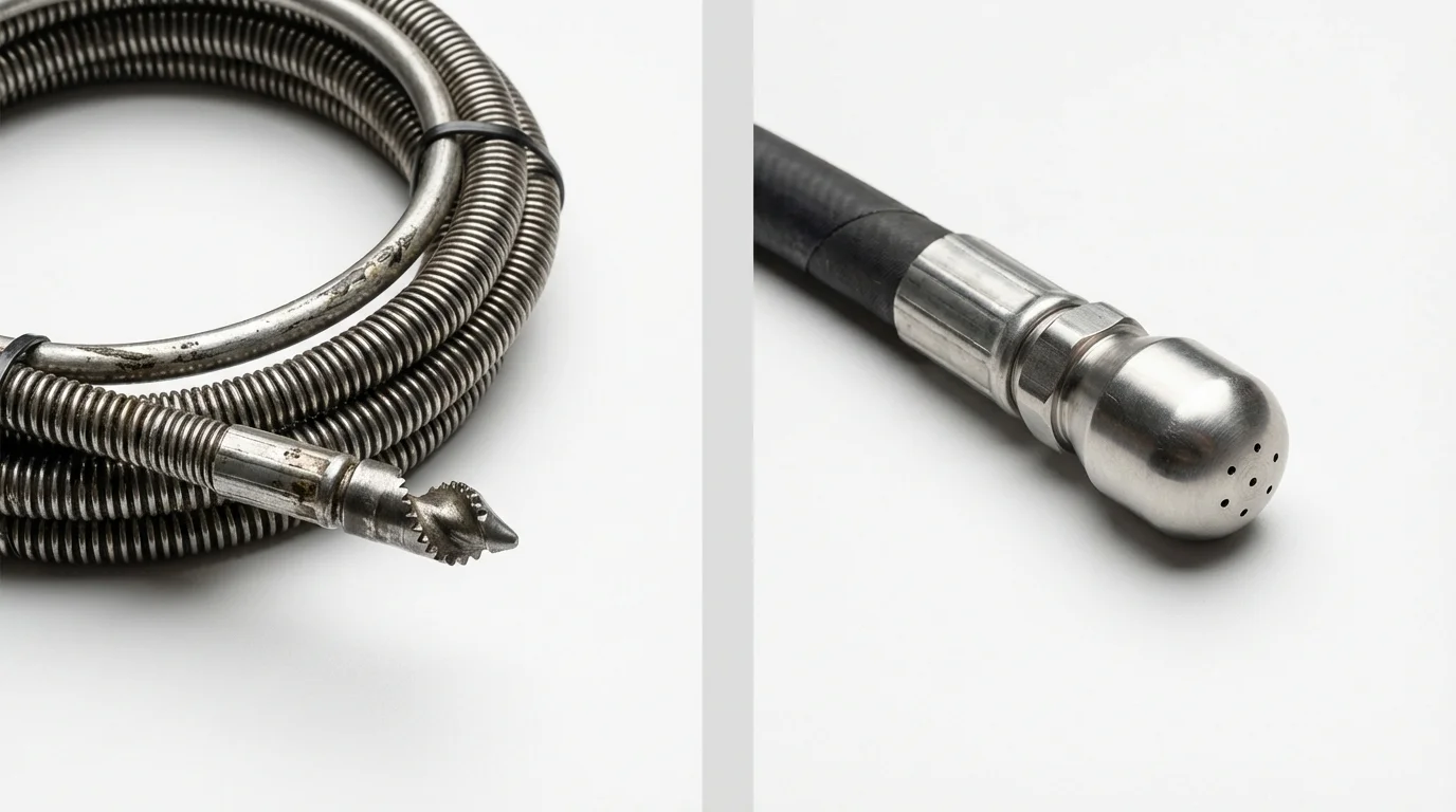 Drain snake cable and hydro jetting nozzle used for drain cleaning in Jesup, IA