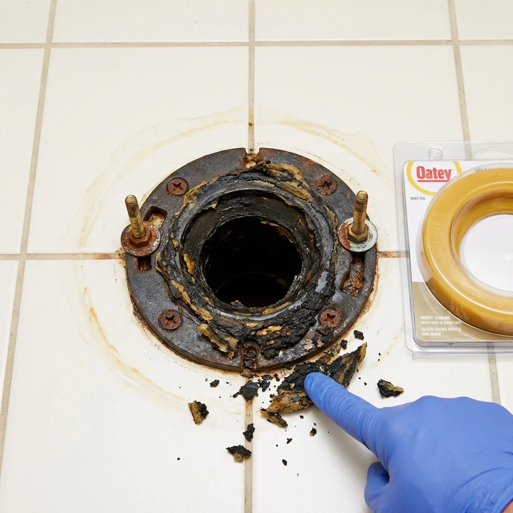 Failed wax ring showing water seepage at the base of a toilet in a Jesup, IA home